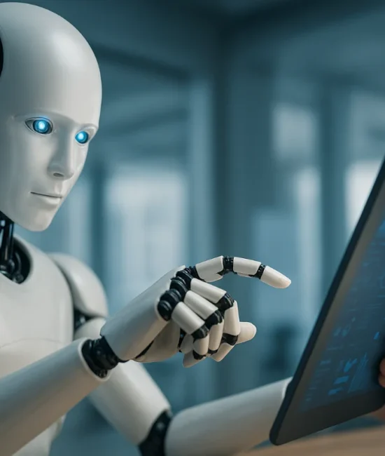 Humanoid robot interacting with a tablet alongside a human hand, symbolising digital innovation and human-technology collaboration in Australia.