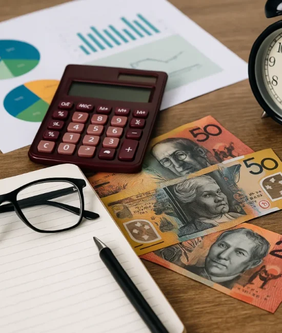 Financial planning desk setup with Australian currency, calculator, graphs, notebook, glasses, and a clock symbolising money management in Australia.