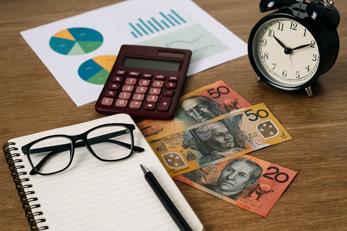 Financial planning desk setup with Australian currency, calculator, graphs, notebook, glasses, and a clock symbolising money management in Australia.