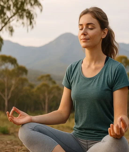 Australian woman meditating outdoors among eucalyptus trees with mountains in the background, symbolising mindful living in Australia.