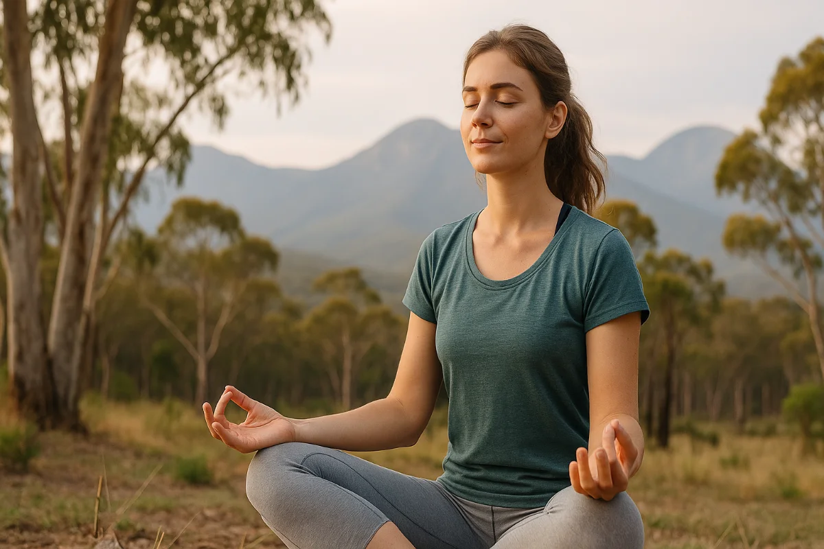 Australian woman meditating outdoors among eucalyptus trees with mountains in the background, symbolising mindful living in Australia.