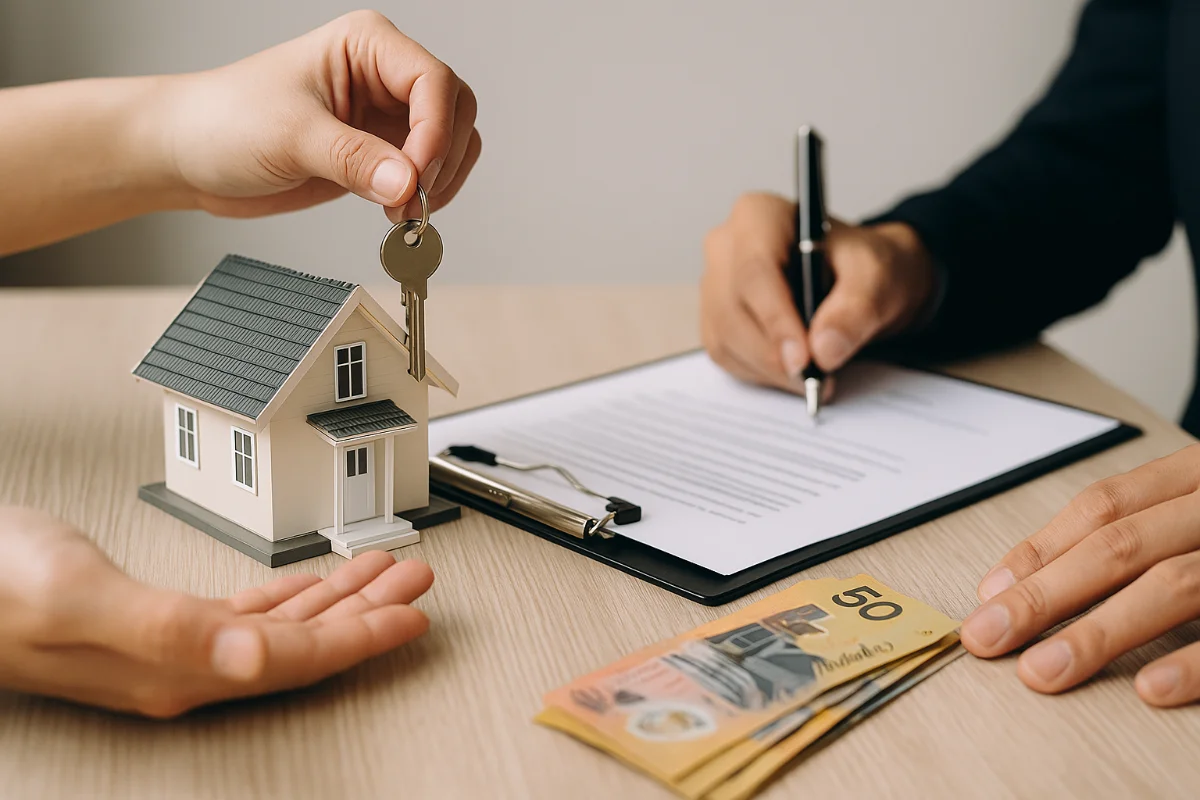 Hands exchanging house keys and signing property documents with Australian banknotes and a small house model, symbolising property investment in Australia.