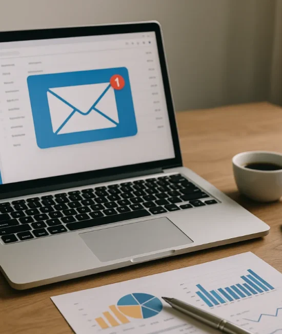 A modern office desk with a laptop showing an email inbox, a smartphone with email notifications, coffee cups, and printed charts representing email marketing best practices.