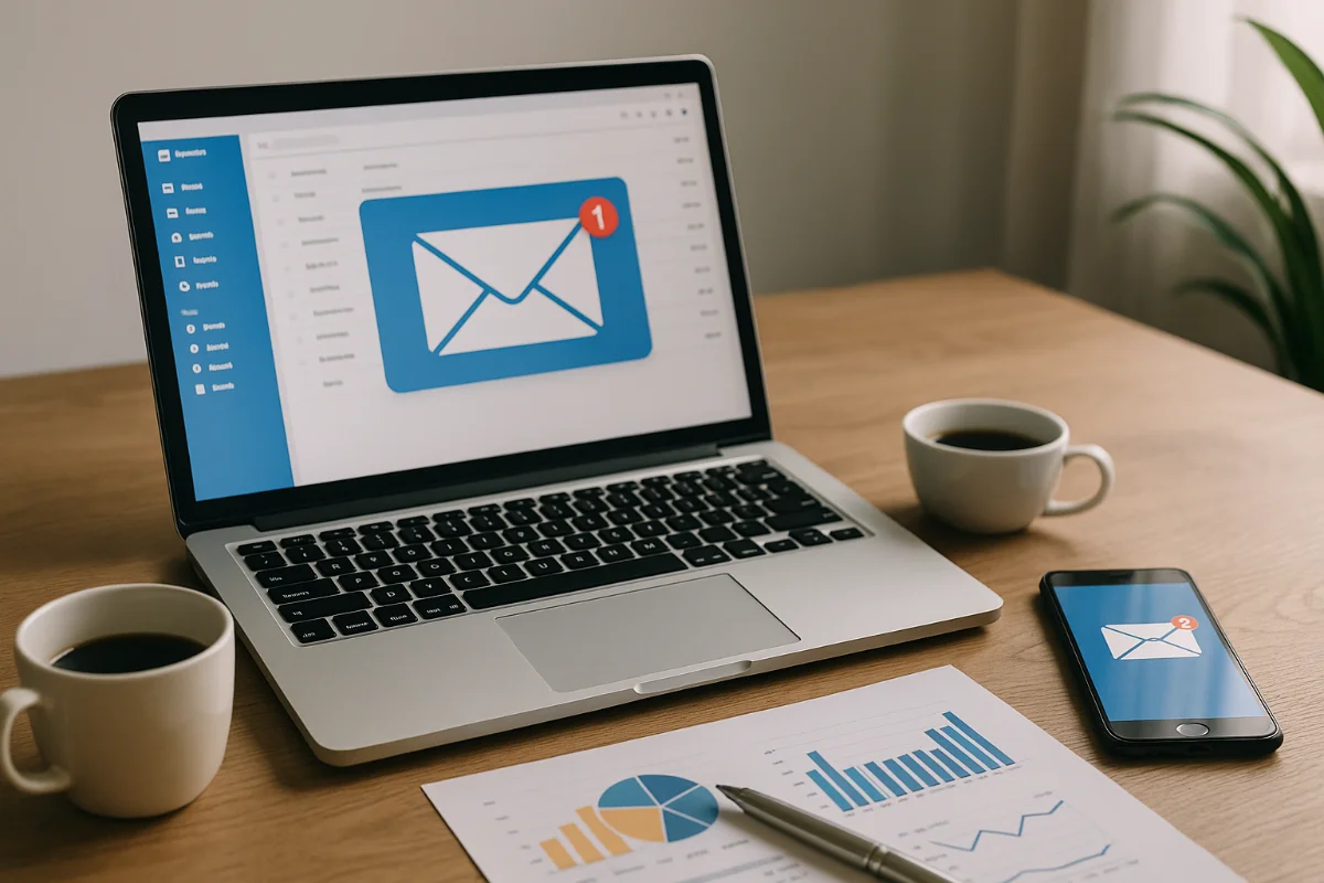 A modern office desk with a laptop showing an email inbox, a smartphone with email notifications, coffee cups, and printed charts representing email marketing best practices.