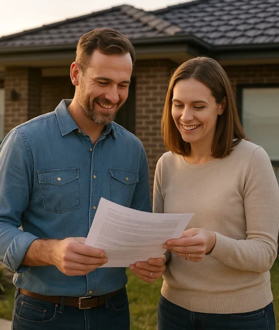 Australian couple reviewing property documents outside their home as part of a long-term wealth building plan in 2025