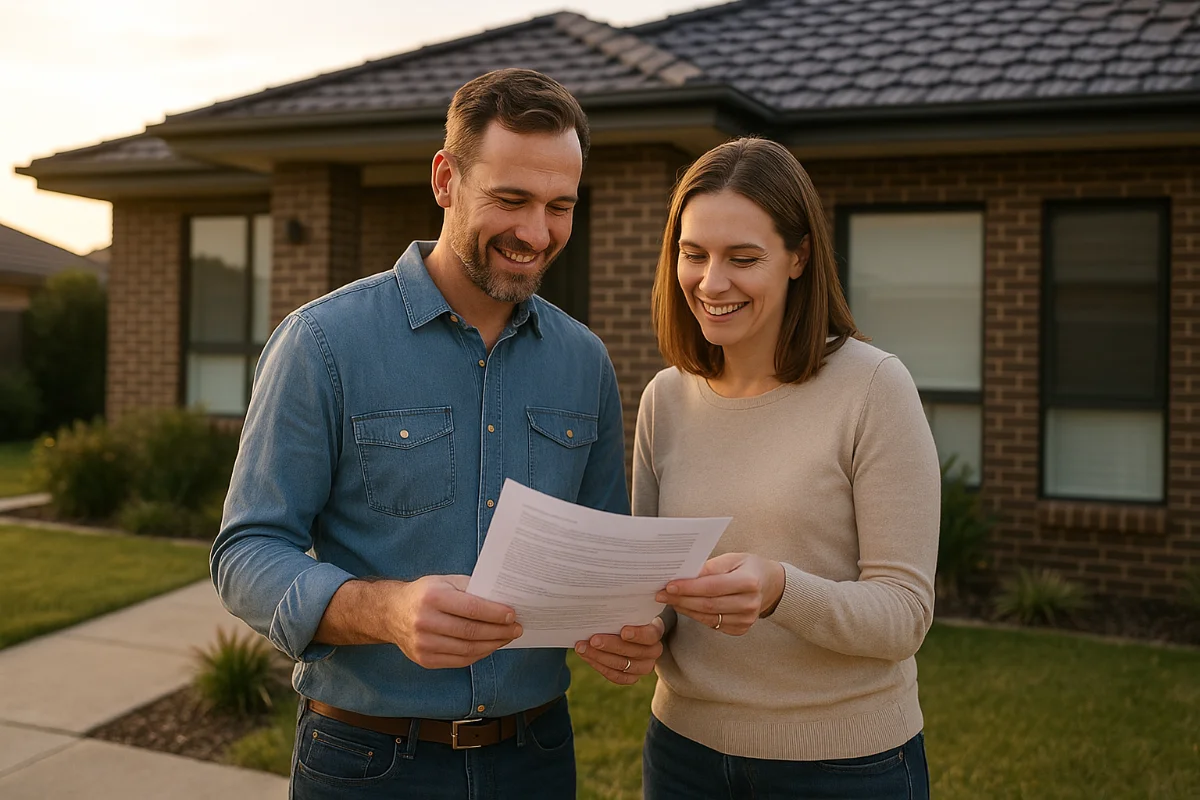 Australian couple reviewing property documents outside their home as part of a long-term wealth building plan in 2025