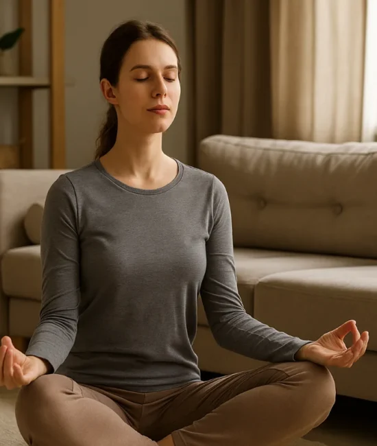 Woman meditating peacefully in a sunlit Australian living room, eyes closed, sitting cross-legged on a beige rug with soft natural light and minimal decor.