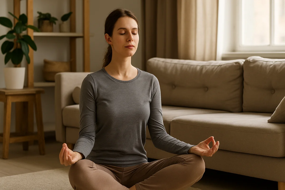 Woman meditating peacefully in a sunlit Australian living room, eyes closed, sitting cross-legged on a beige rug with soft natural light and minimal decor.