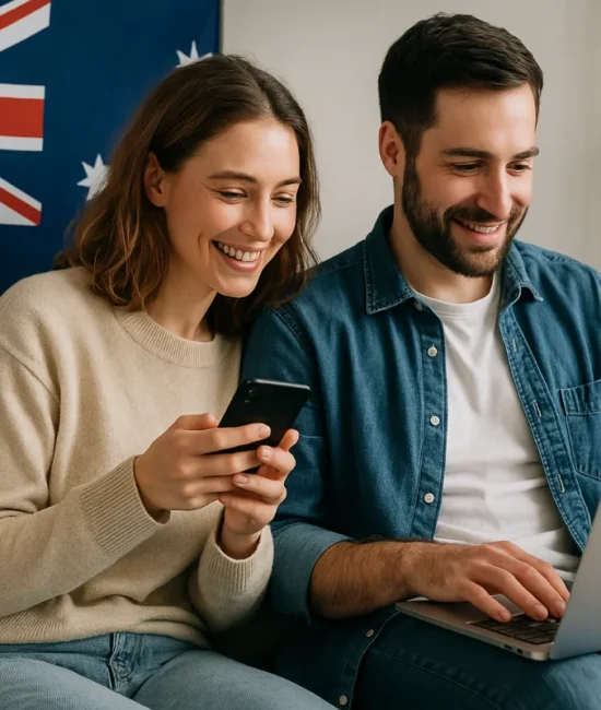 Young Australian couple sitting on couch using smartphone and laptop with Australian flag behind them, symbolising modern digital habits and online culture in Australia.