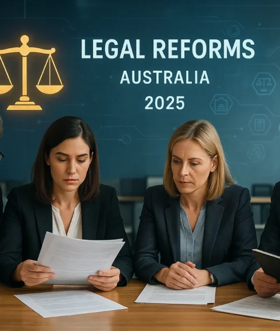Australian lawyers reviewing legal reforms and digital legislation updates in a modern office in 2025