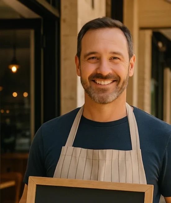 Australian small business owner promoting local marketing ideas outside their café.