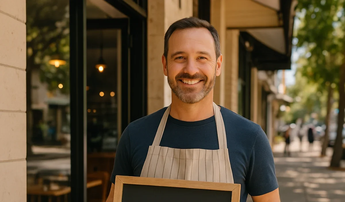 Australian small business owner promoting local marketing ideas outside their café.