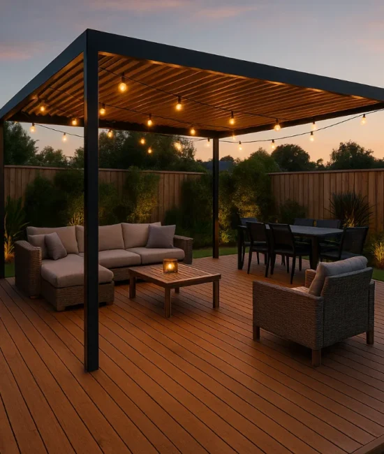 Modern Australian backyard with a wooden deck, pergola, and outdoor lounge in 2025