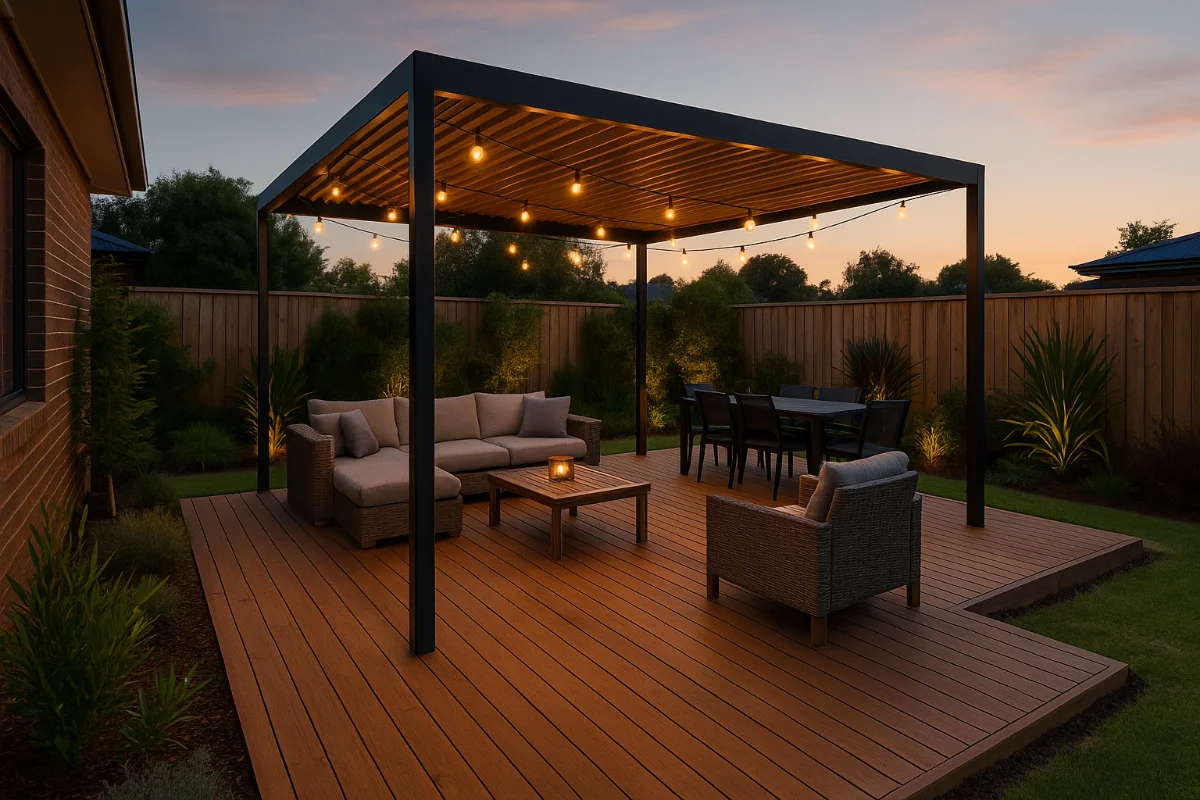 Modern Australian backyard with a wooden deck, pergola, and outdoor lounge in 2025