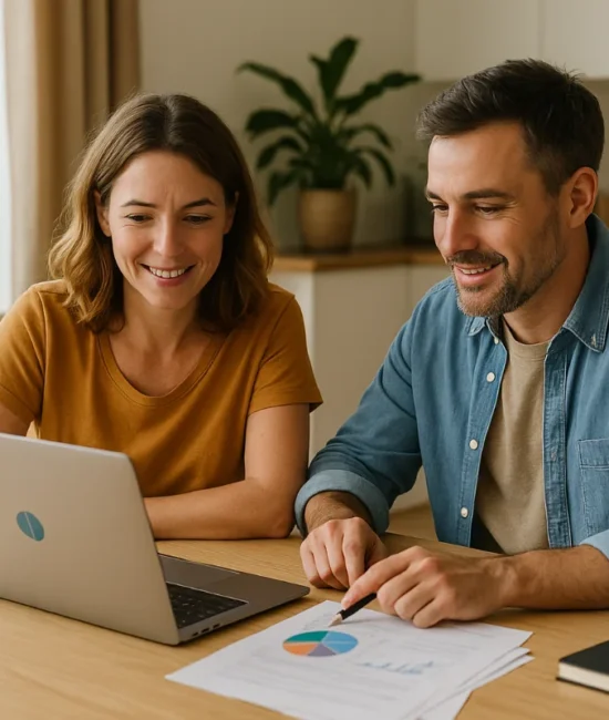 Australian couple reviewing their finances on a laptop at home in 2025