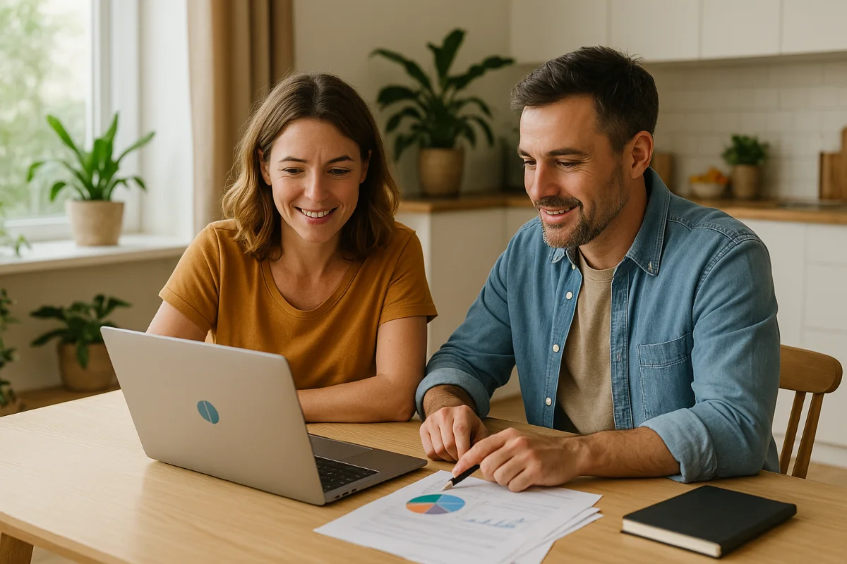Australian couple reviewing their finances on a laptop at home in 2025
