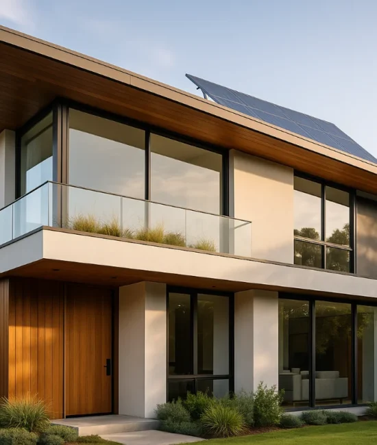 A modern sustainable Australian home with large glass windows, solar panels on the roof, and greenery integrated into the design, representing the future of building design.