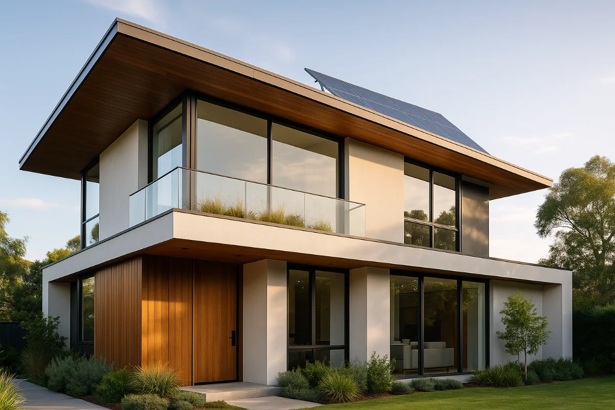 A modern sustainable Australian home with large glass windows, solar panels on the roof, and greenery integrated into the design, representing the future of building design.