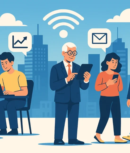 A digital illustration of people in a modern city using smartphones, tablets, and laptops, with icons for Wi-Fi, email, and social media representing the impact of digitalisation on society.