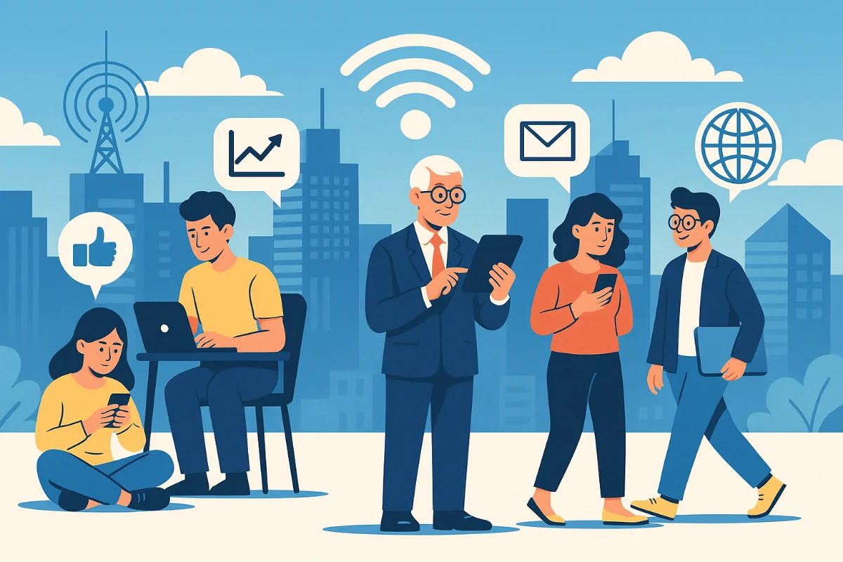 A digital illustration of people in a modern city using smartphones, tablets, and laptops, with icons for Wi-Fi, email, and social media representing the impact of digitalisation on society.