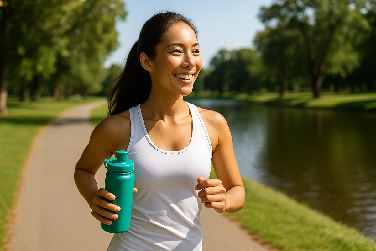 a young Australian woman jogging along a sunny riverside path, holding a water bottle and smiling, symbolising a healthy lifestyle.