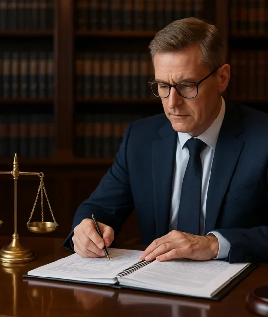 Realistic image of an Australian lawyer working in a modern law library with scales of justice and the Australian flag, symbolising evolving legal trends in 2025.