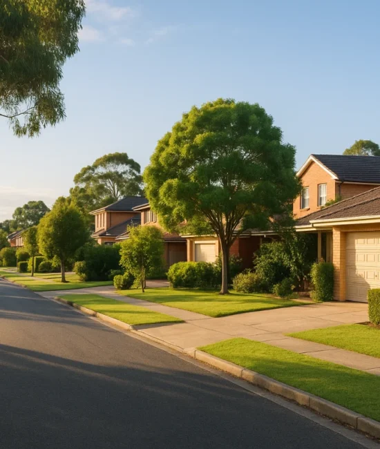 A quiet, modern Australian suburban street lined with contemporary homes, green lawns, and trees under warm afternoon sunlight, symbolising property investment opportunities.