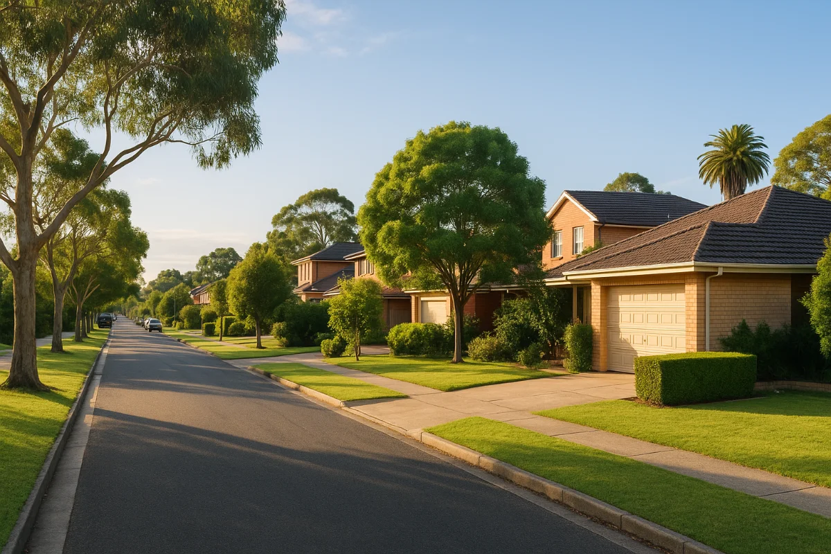 A quiet, modern Australian suburban street lined with contemporary homes, green lawns, and trees under warm afternoon sunlight, symbolising property investment opportunities.