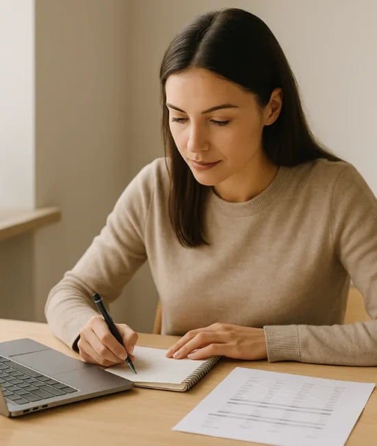 Small business owner reviewing marketing performance using a notebook and laptop in a bright workspace.