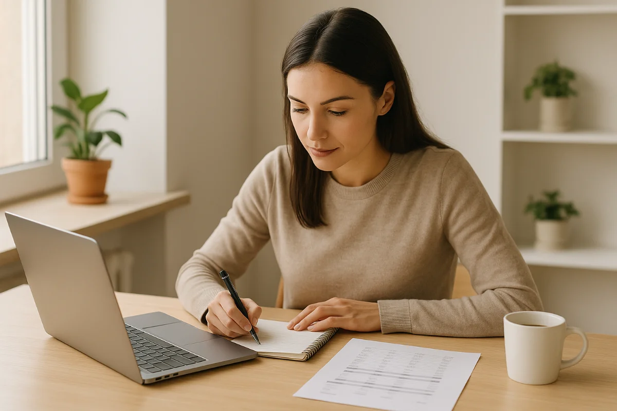 Small business owner reviewing marketing performance using a notebook and laptop in a bright workspace.