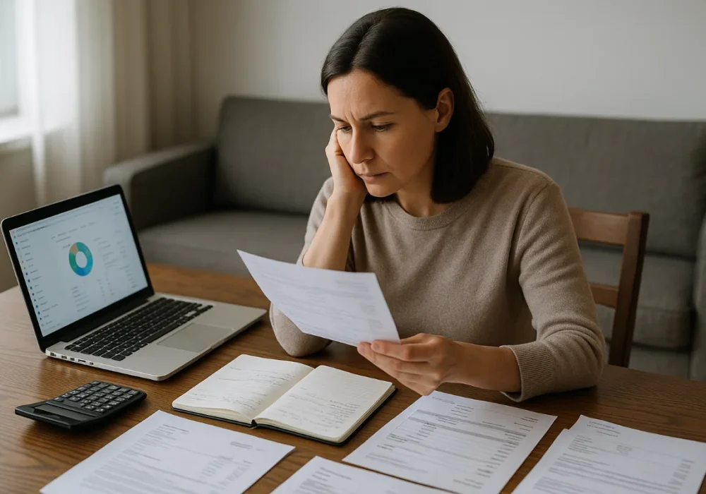 Australian woman reviewing household finances at a dining table with a laptop, notebook, and bills spread out in front of her.