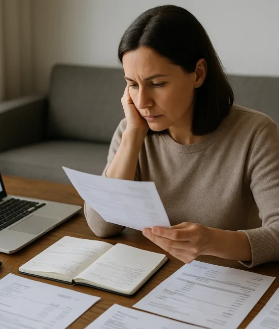 Australian woman reviewing household finances at a dining table with a laptop, notebook, and bills spread out in front of her.
