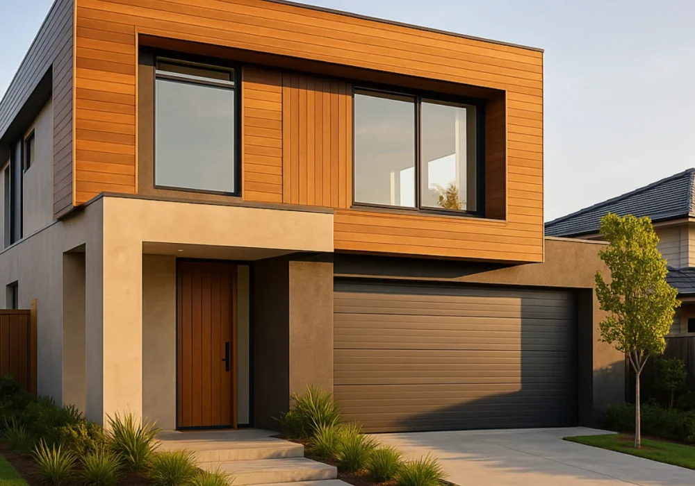 “Modern Australian home exterior showcasing timber, steel and concrete building structure elements.”