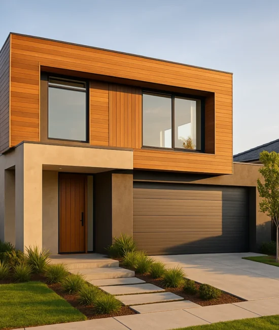 “Modern Australian home exterior showcasing timber, steel and concrete building structure elements.”