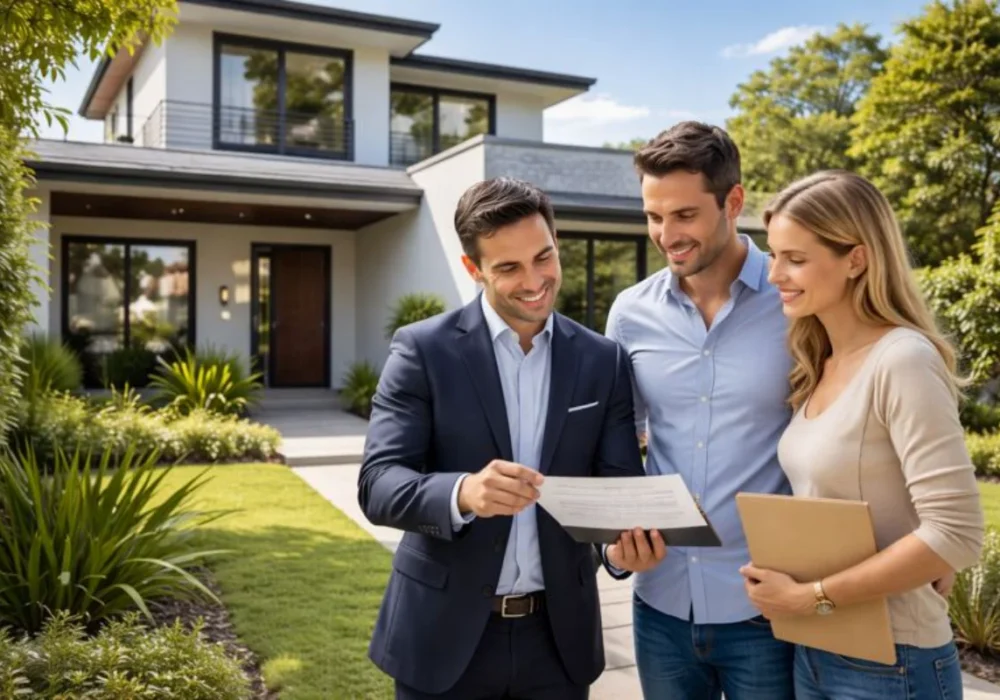 “Australian residential property with investors and a real estate agent reviewing documents, representing property investment in 2026.”