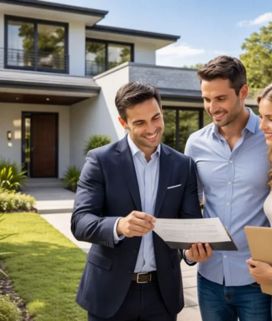 “Australian residential property with investors and a real estate agent reviewing documents, representing property investment in 2026.”