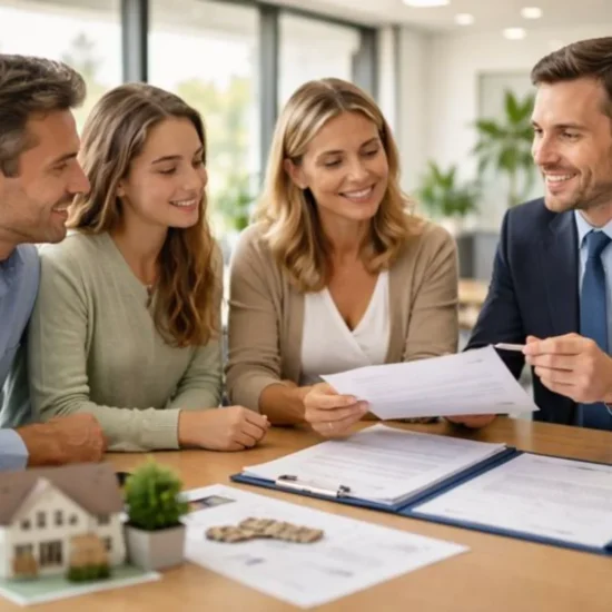 “Australian family meeting a lawyer in a modern office, reviewing estate planning documents.”