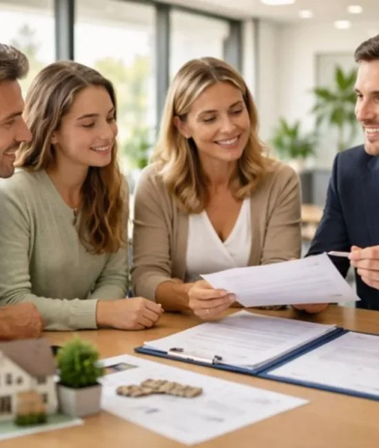 “Australian family meeting a lawyer in a modern office, reviewing estate planning documents.”