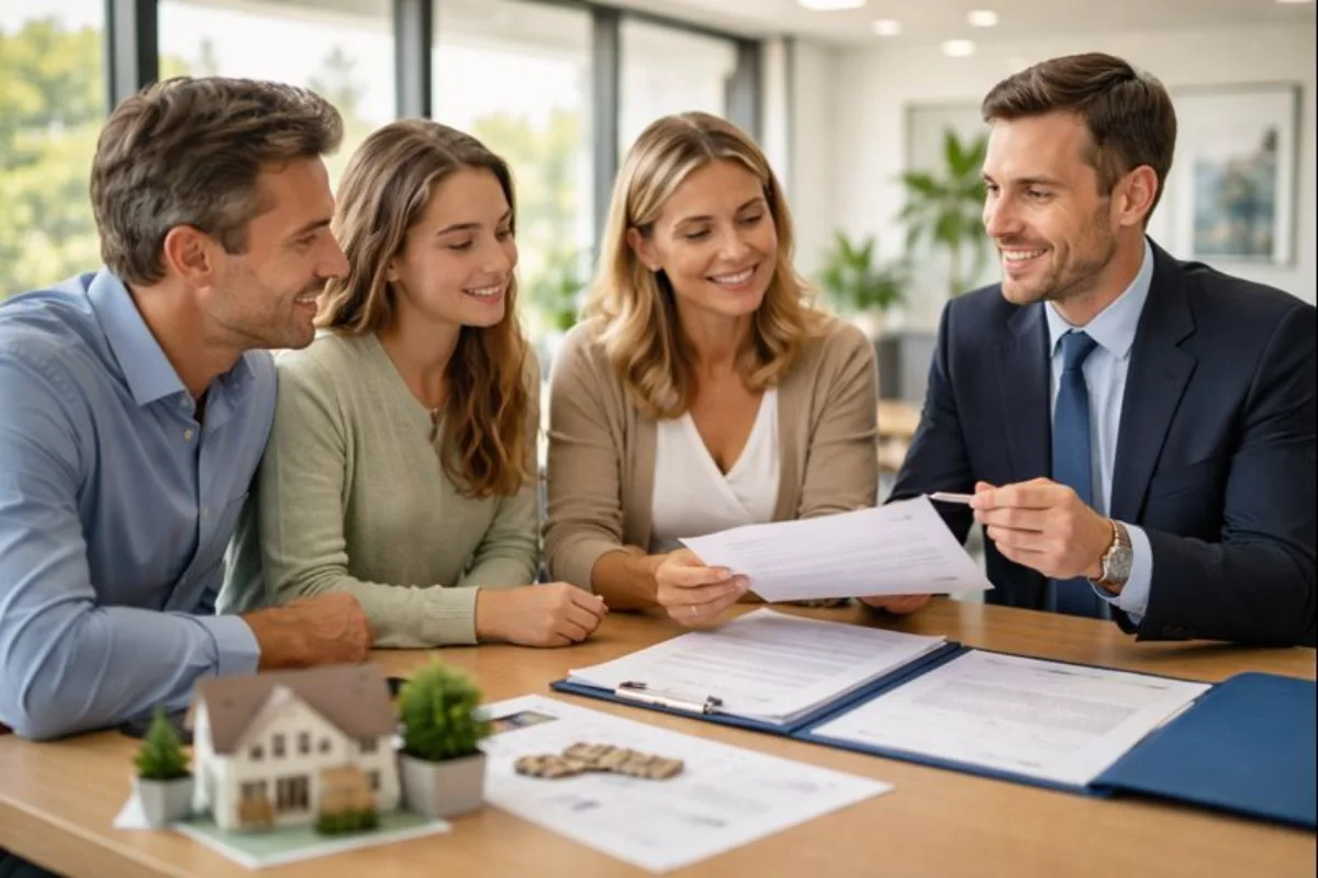“Australian family meeting a lawyer in a modern office, reviewing estate planning documents.”