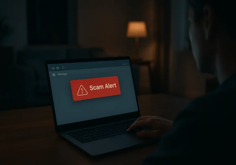 “Person receiving a suspicious scam message on a laptop at home.”