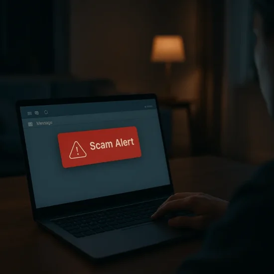 “Person receiving a suspicious scam message on a laptop at home.”
