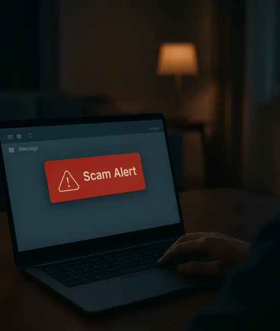 “Person receiving a suspicious scam message on a laptop at home.”