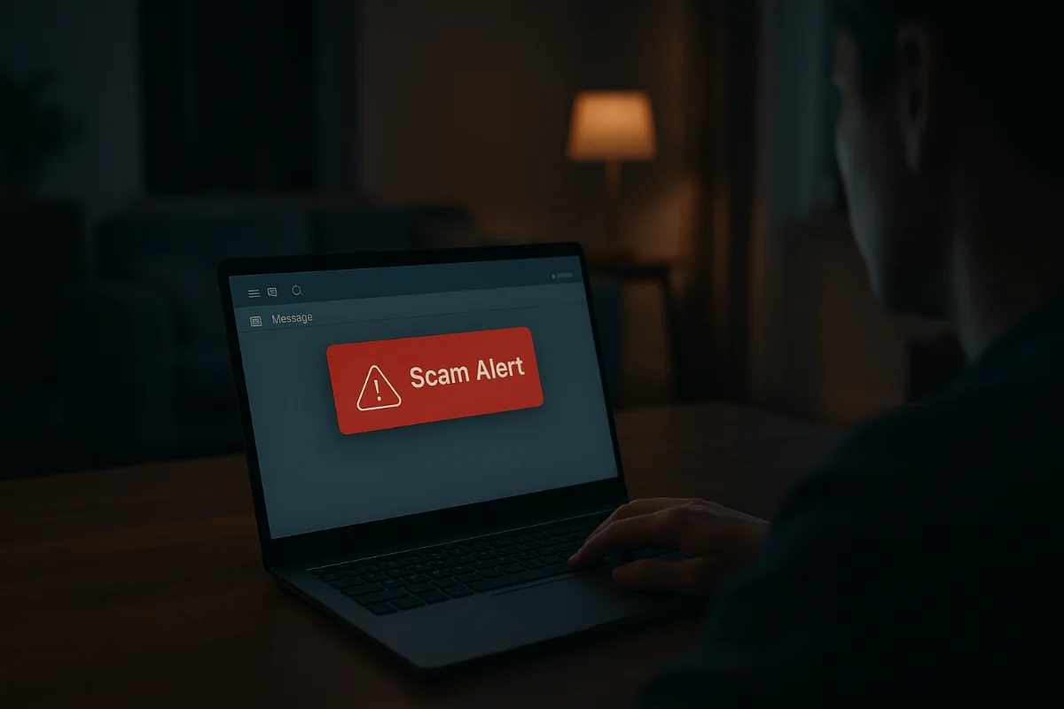 “Person receiving a suspicious scam message on a laptop at home.”