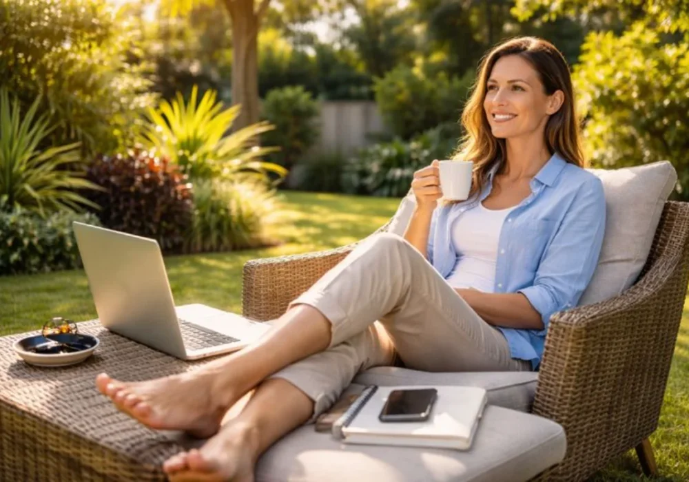“Australian professional enjoying work-life balance outdoors with laptop and coffee in a sunny backyard.”