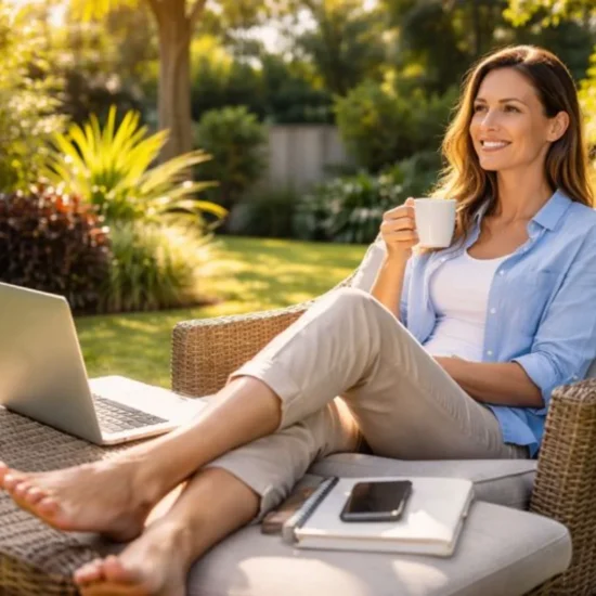 “Australian professional enjoying work-life balance outdoors with laptop and coffee in a sunny backyard.”