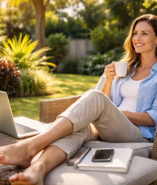 “Australian professional enjoying work-life balance outdoors with laptop and coffee in a sunny backyard.”
