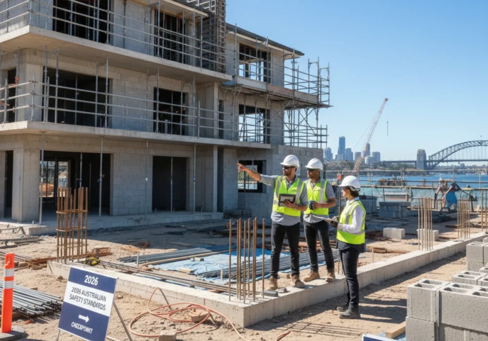Australian construction site showing workers inspecting building structures for compliance with 2026 safety standards