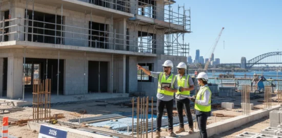Australian construction site showing workers inspecting building structures for compliance with 2026 safety standards