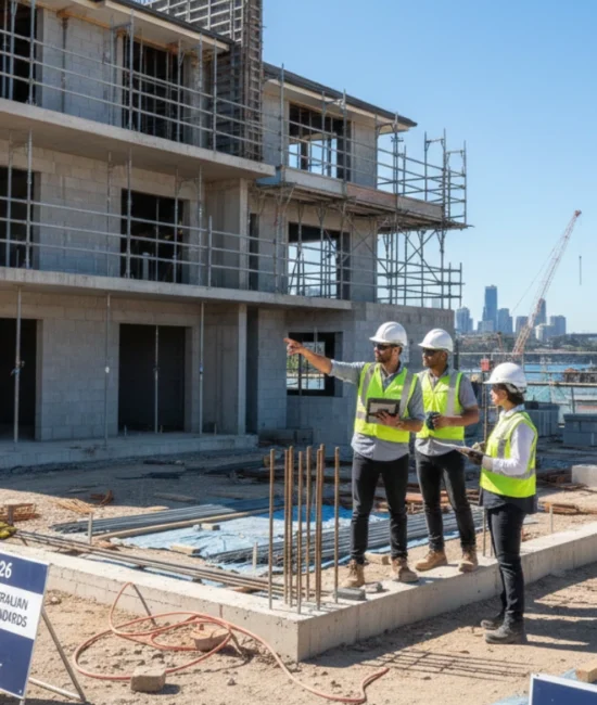 Australian construction site showing workers inspecting building structures for compliance with 2026 safety standards