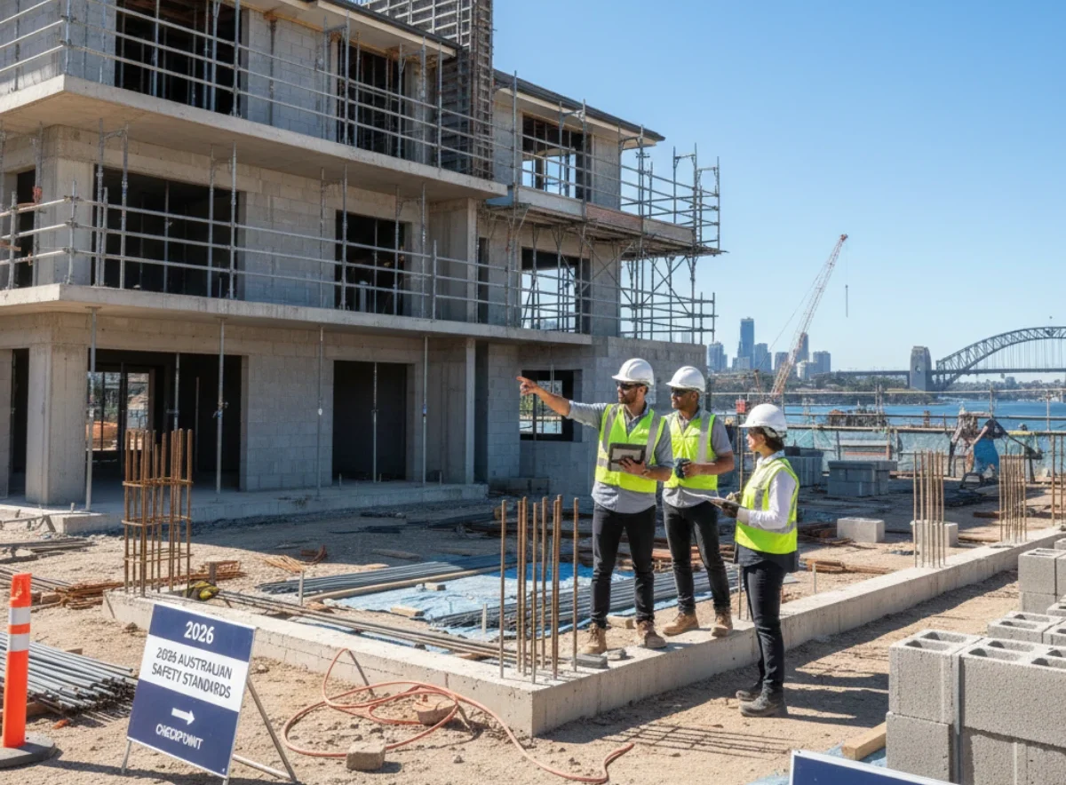 Australian construction site showing workers inspecting building structures for compliance with 2026 safety standards